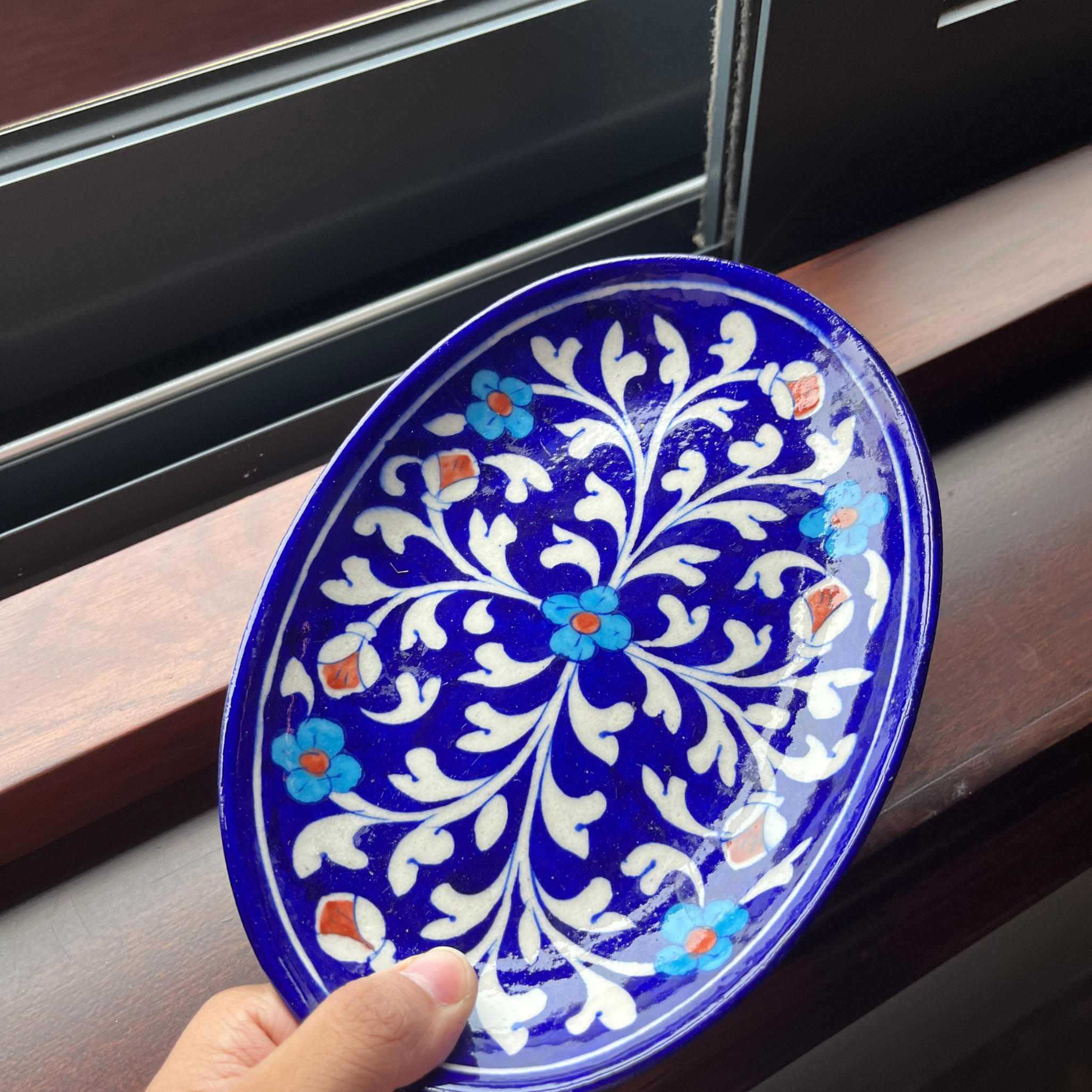 8 Inch Oval Blue Pottery Plate – Multicolour