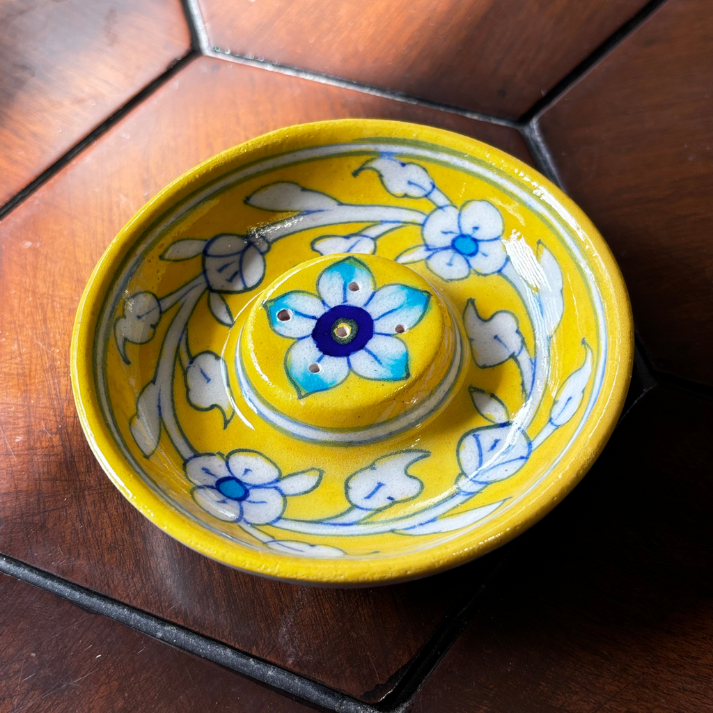 Handcrafted Blue Pottery Incense Stick Holder – Circular Yellow