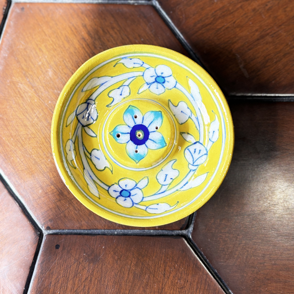 Handcrafted Blue Pottery Incense Stick Holder – Circular Yellow