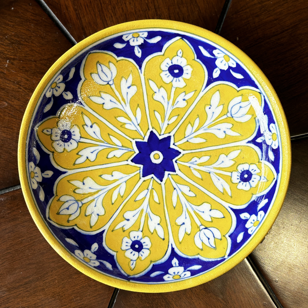 8 Inch Blue Pottery Wall Plate – Yellow Leaves