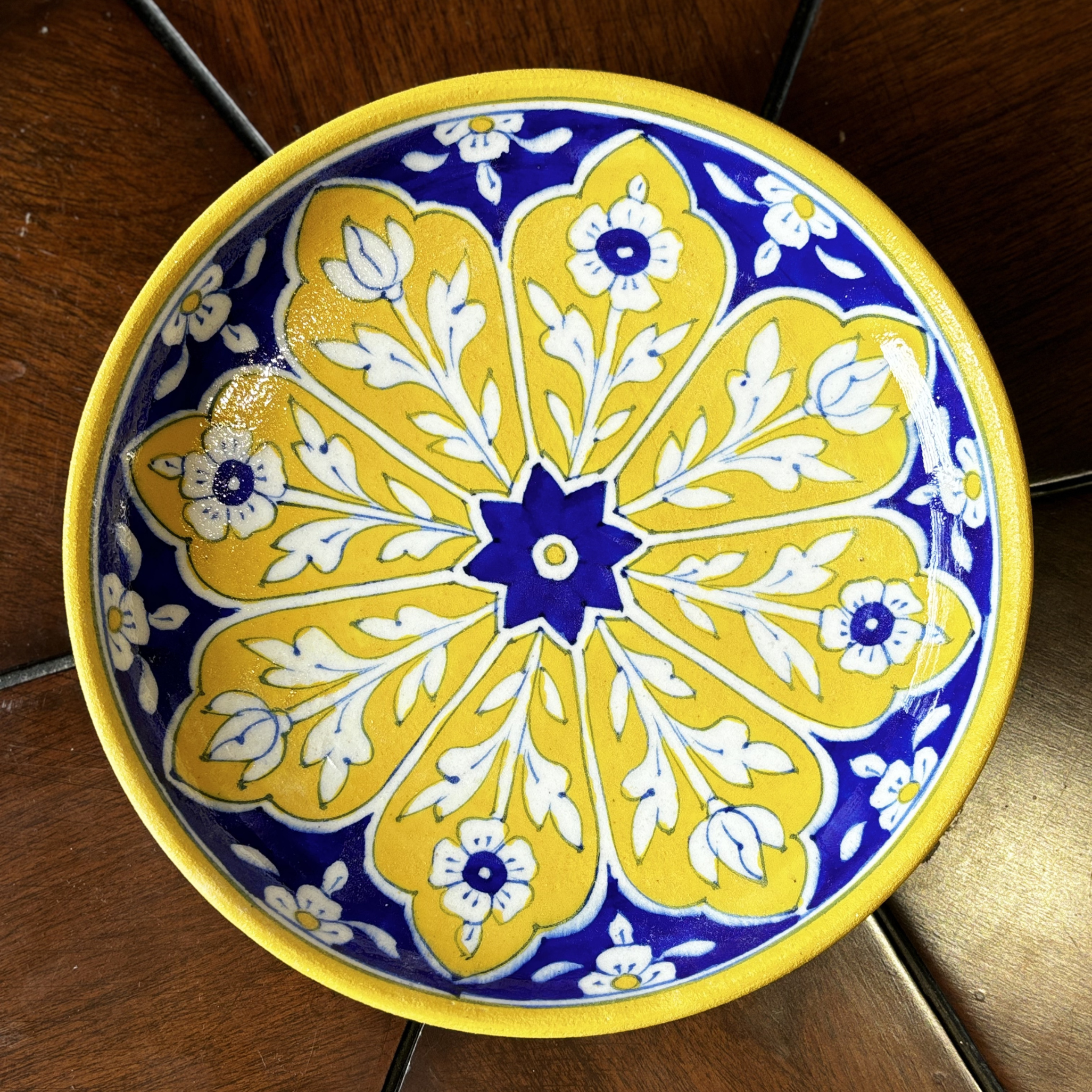 8 Inch Blue Pottery Wall Plate – Yellow Leaves