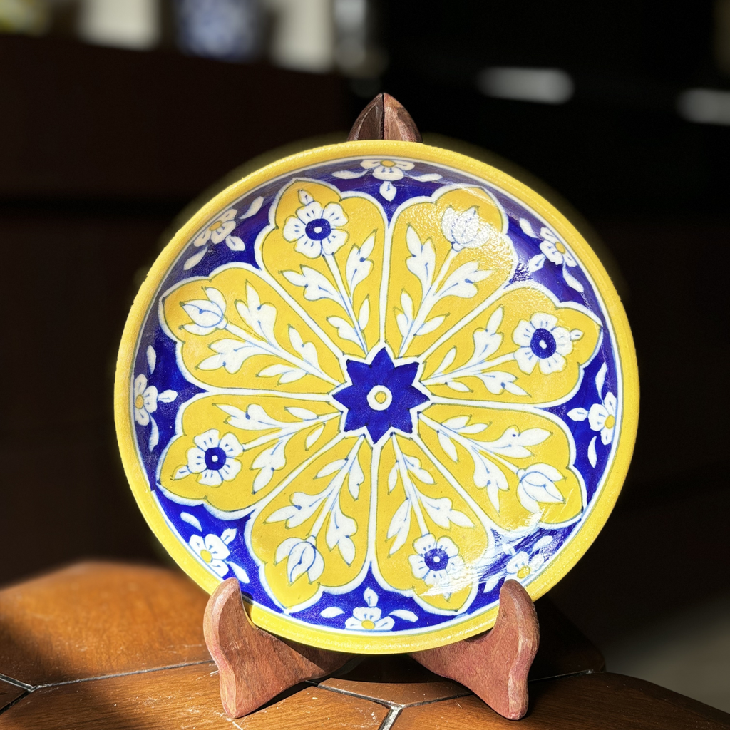 8 Inch Blue Pottery Wall Plate – Yellow Leaves