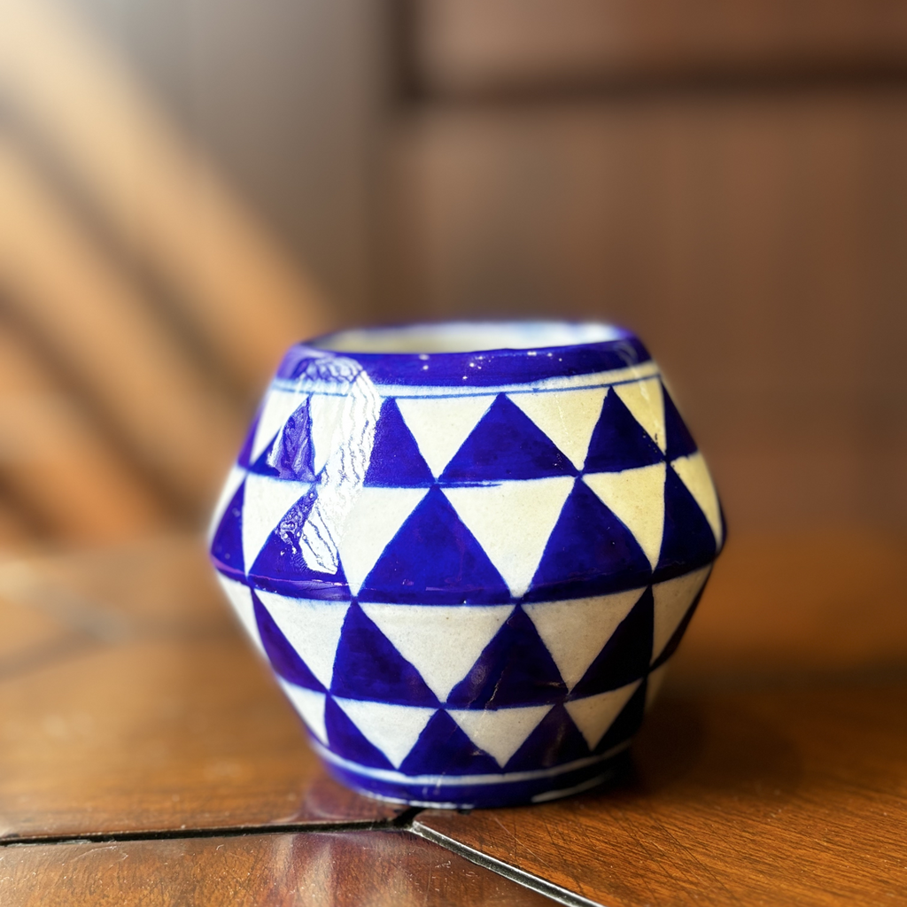 Curved Blue Planter – Handcrafted Blue Pottery Pot with Symmetry Design