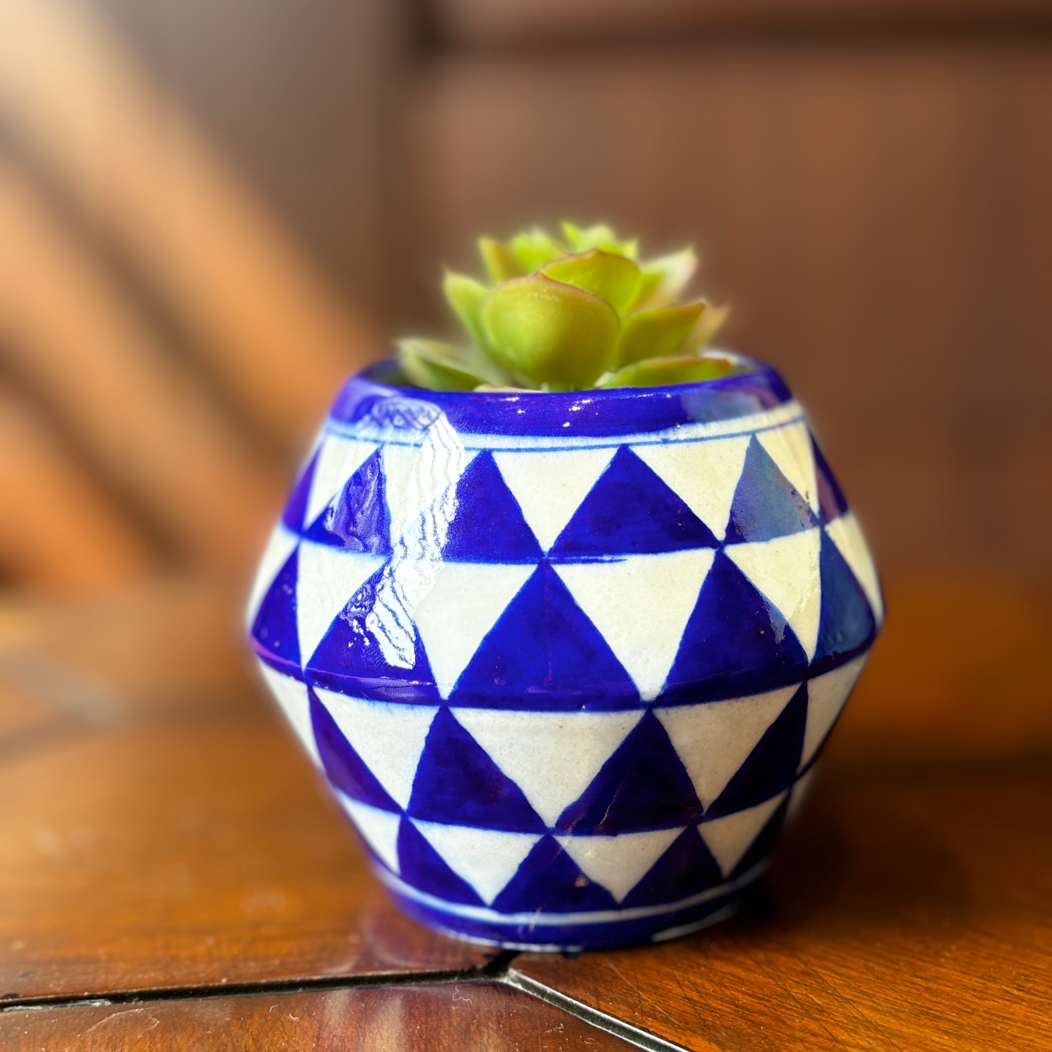 Curved Blue Planter – Handcrafted Blue Pottery Pot with Symmetry Design