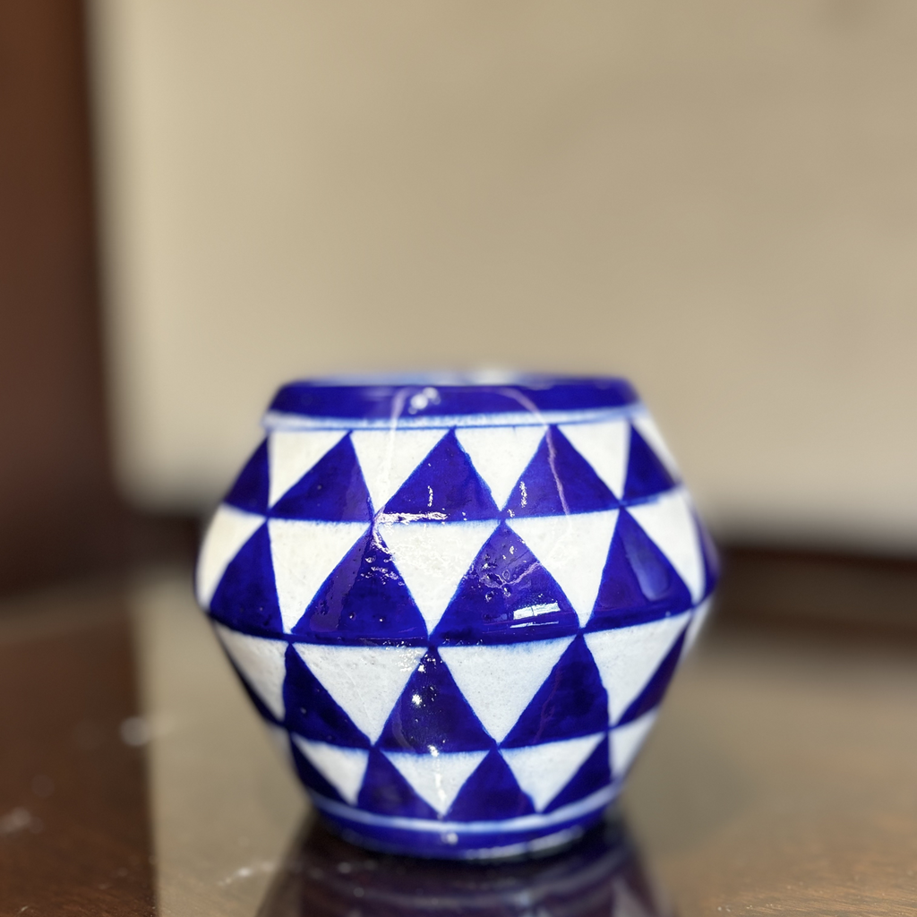 Curved Blue Planter – Handcrafted Blue Pottery Pot with Symmetry Design