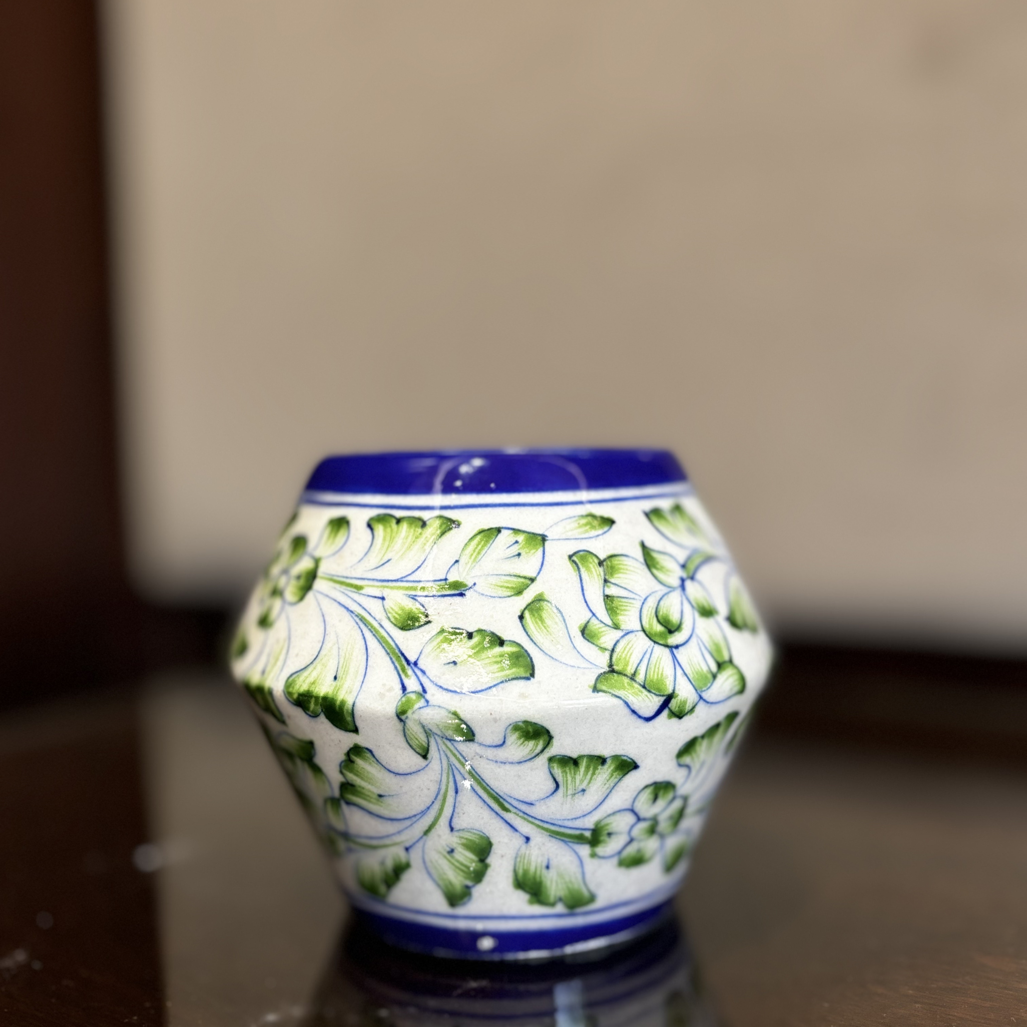 Green Floral Curved Planter – Handcrafted Blue Pottery Decorative Pot