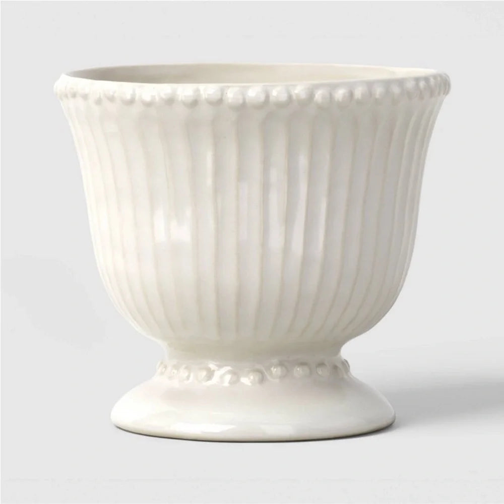 Beaded Ceramic Planter - Ivory, Handcrafted Decorative Plant Pot