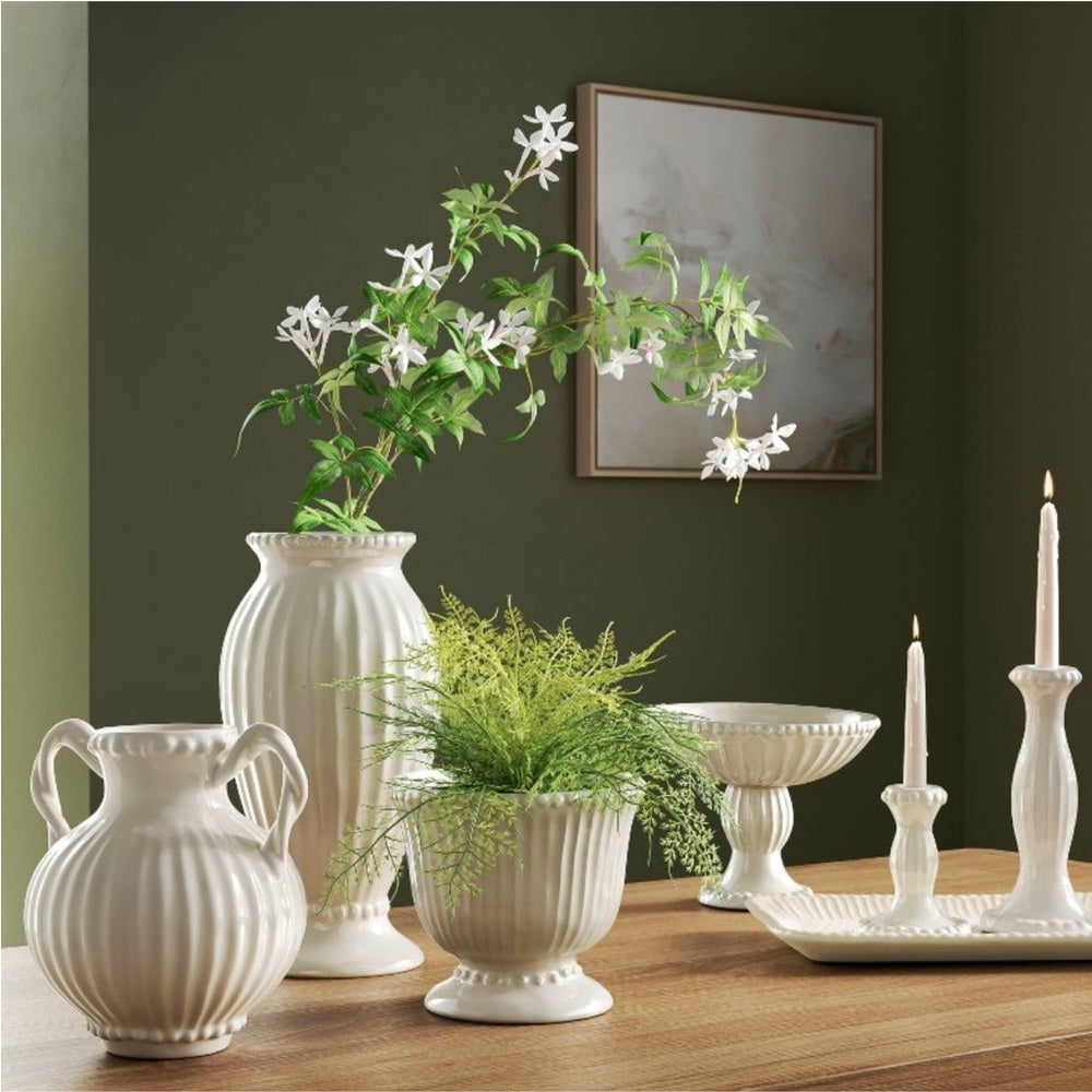 Tall Beaded Ceramic Vase - Ivory, Handcrafted Decorative Accent