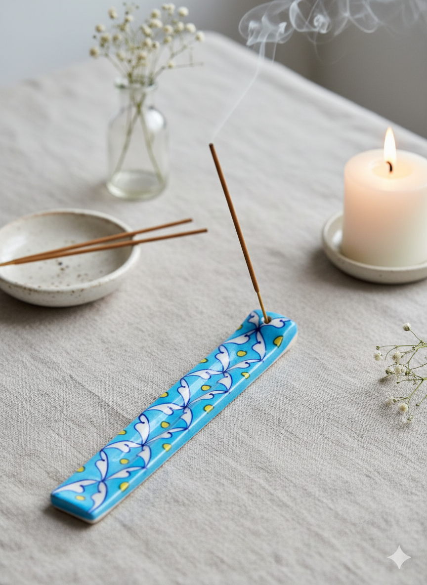 Handcrafted Straight Blue Pottery Incense Stick Holder