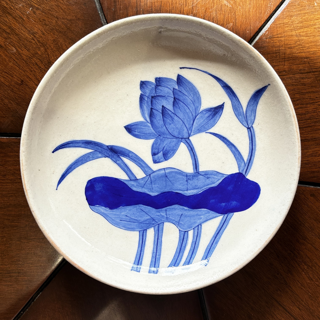 8 Inch Blue Pottery Wall Plate – Lotus Design