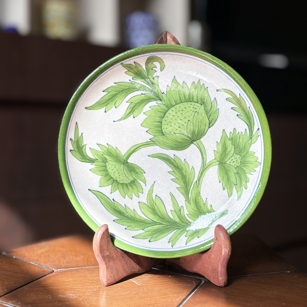 8 Inch Blue Pottery Wall Plate – Green Marigold