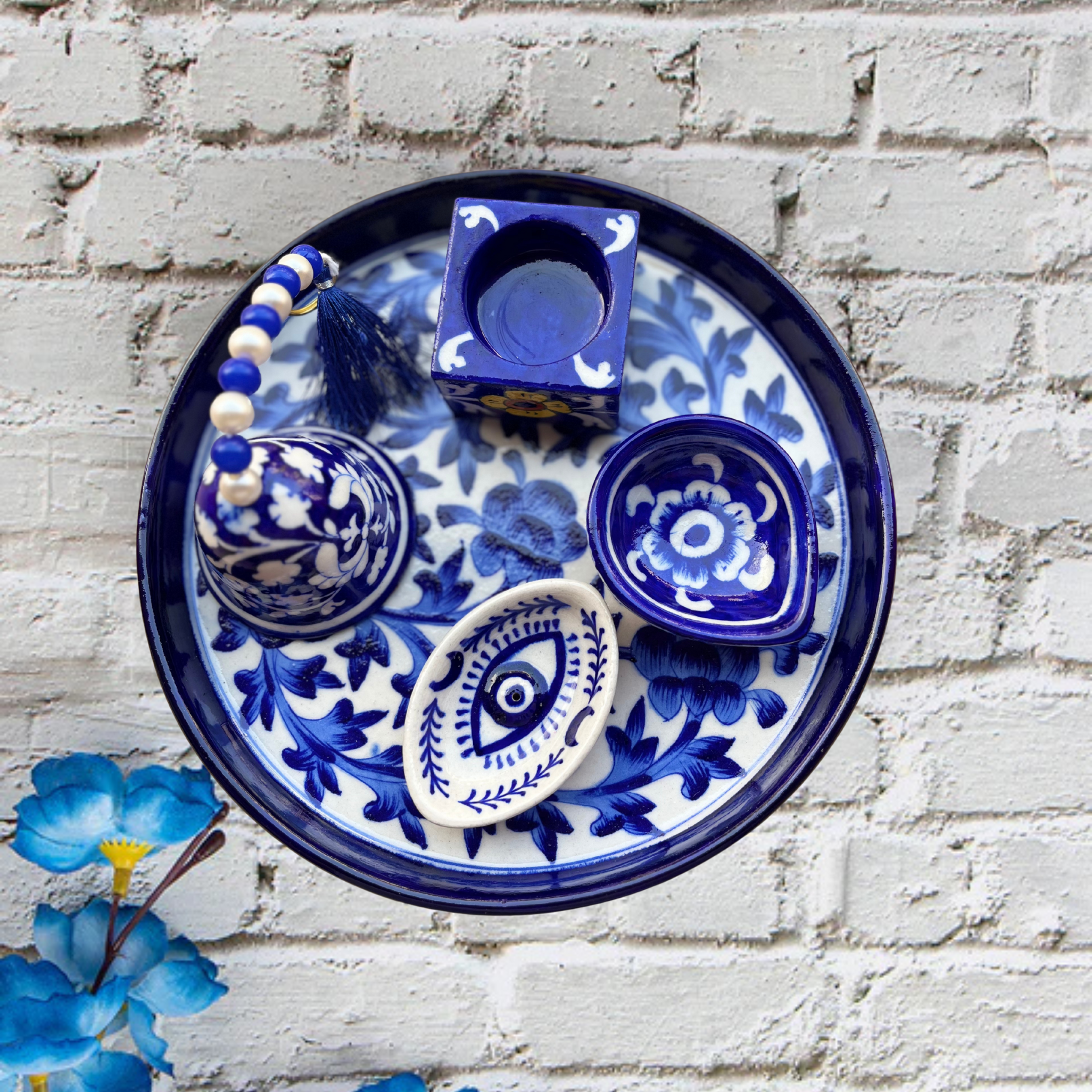 Finely Painted Thali – 8 Inch – Blue Shaded