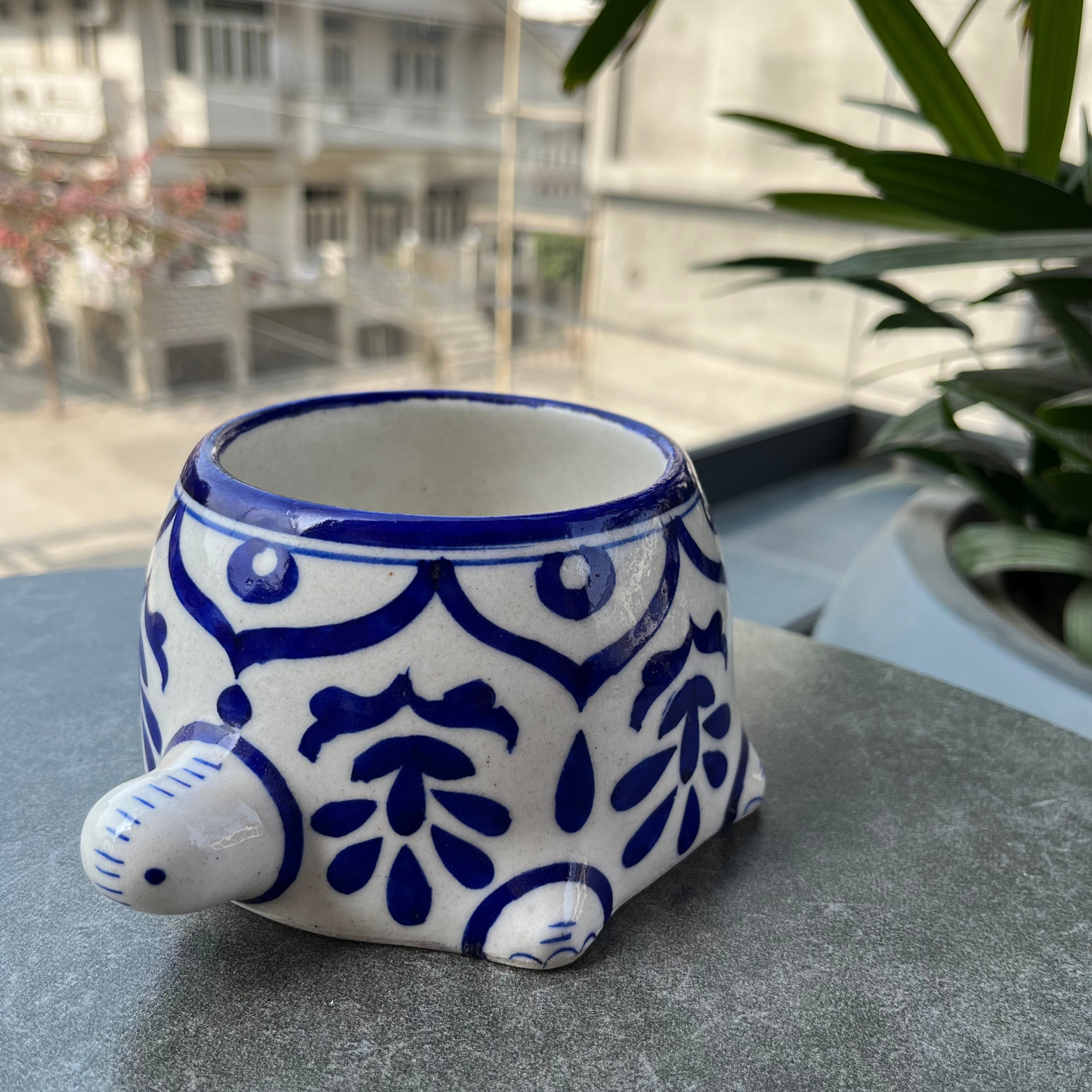 Tortoise Garden Planter – Handcrafted Blue Pottery Outdoor Pot
