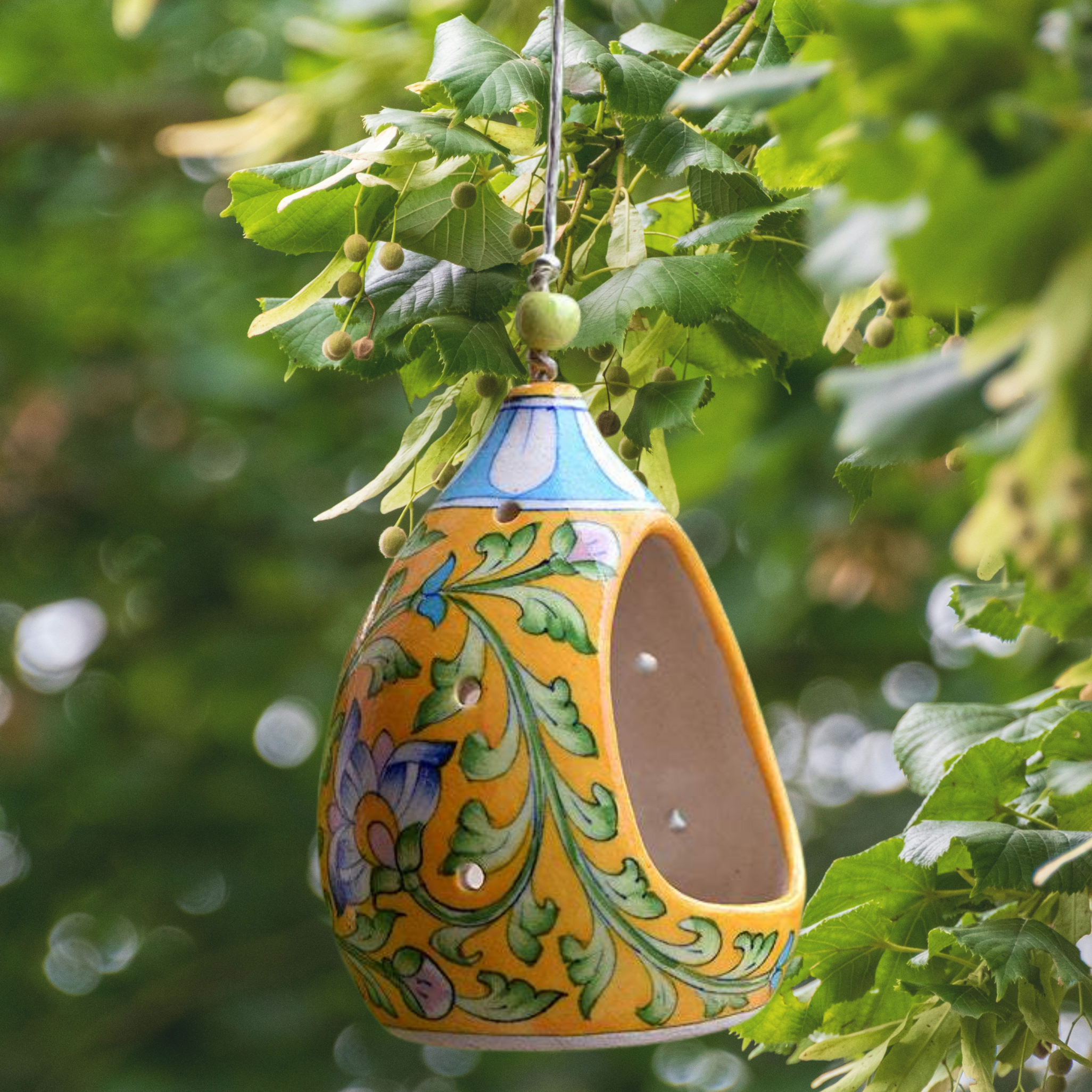 Yellow Hanging Bird Feeder – Handcrafted Blue Pottery Outdoor Decor
