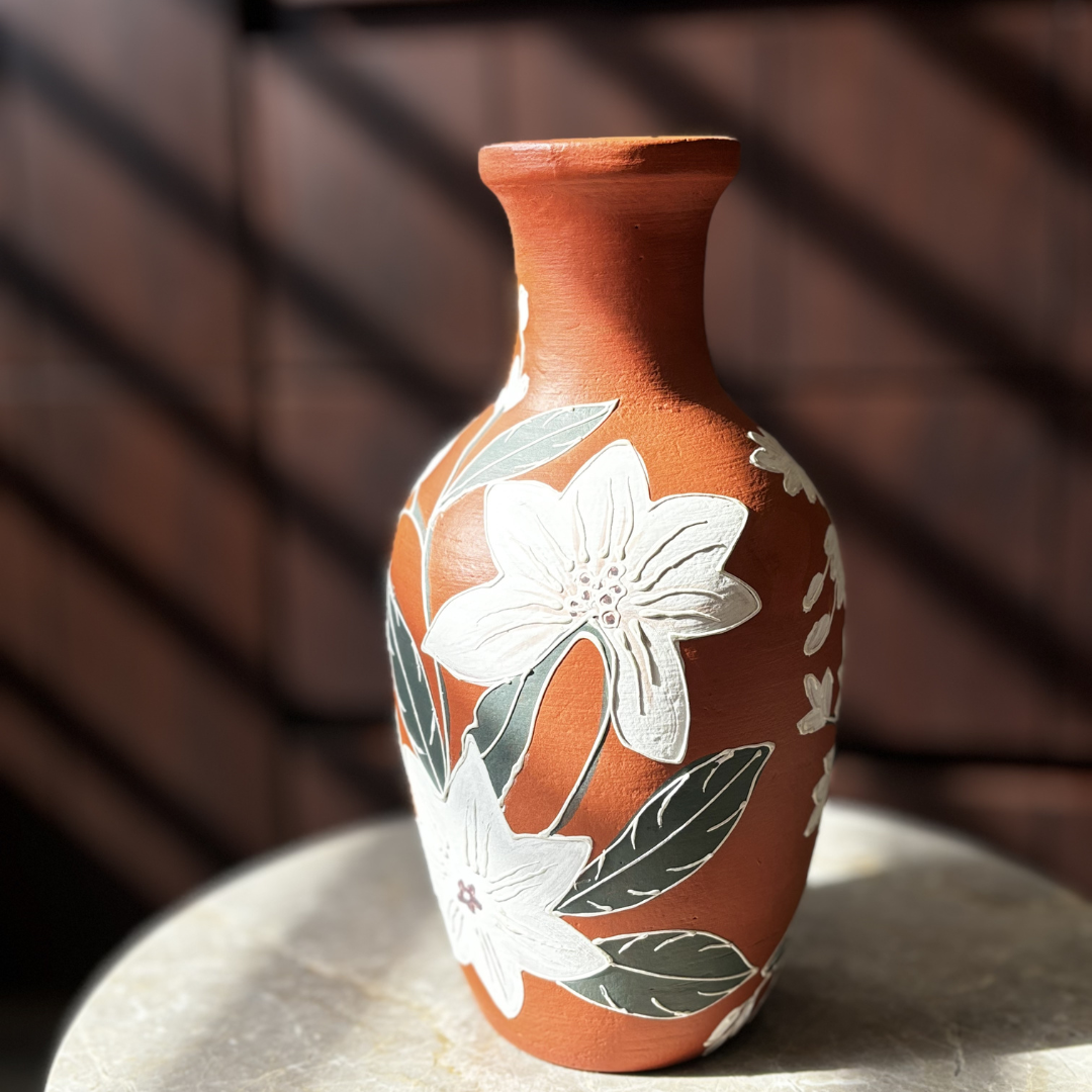 Terracotta Vase – Textured Floral Design – Handcrafted