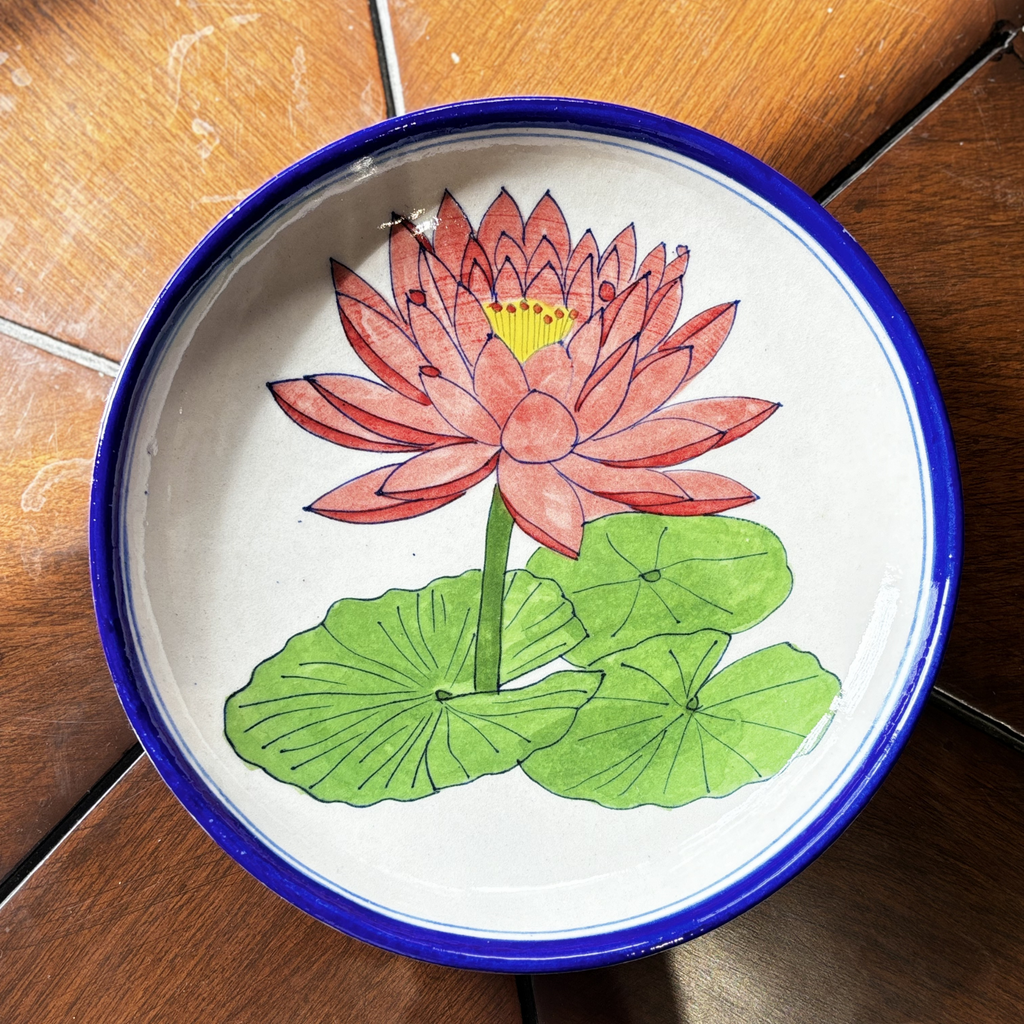 8 Inch Blue Pottery Wall Plate – Pink Lotus Design