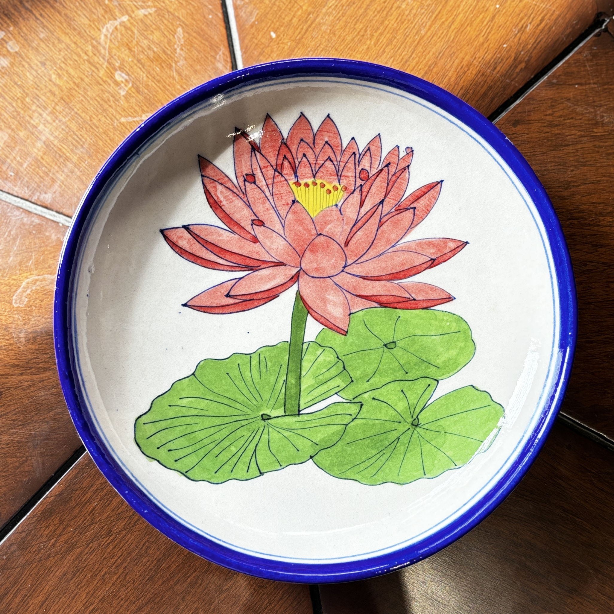 8 Inch Blue Pottery Wall Plate – Pink Lotus Design