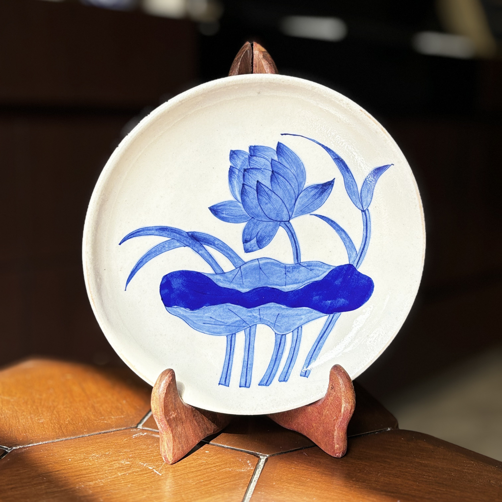 8 Inch Blue Pottery Wall Plate – Lotus Design