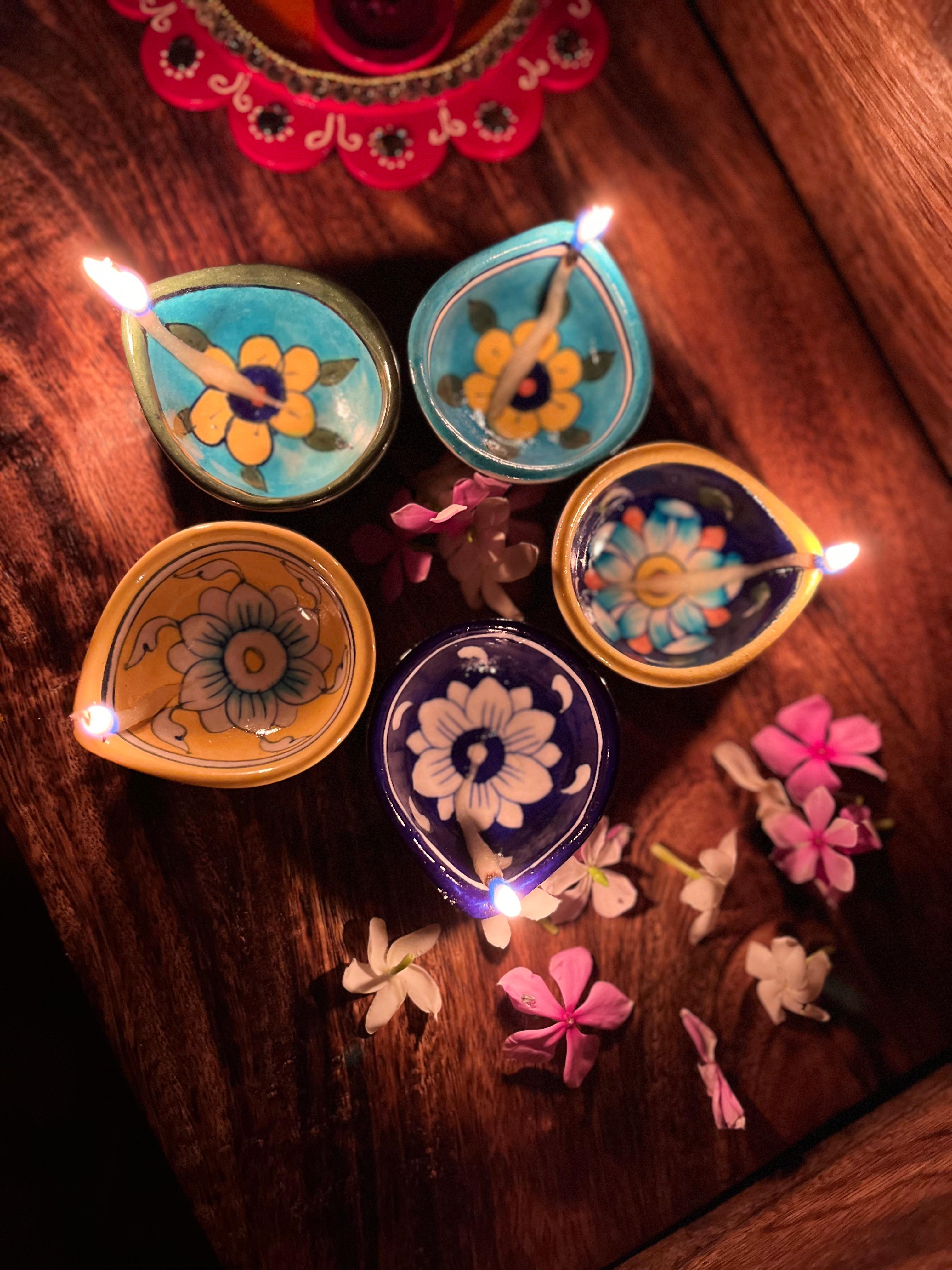 Handcrafted Blue Pottery Diya Set – Pack of 5