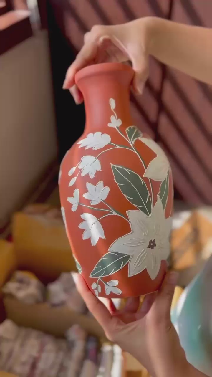 Terracotta Vase – Textured Floral Design – Handcrafted